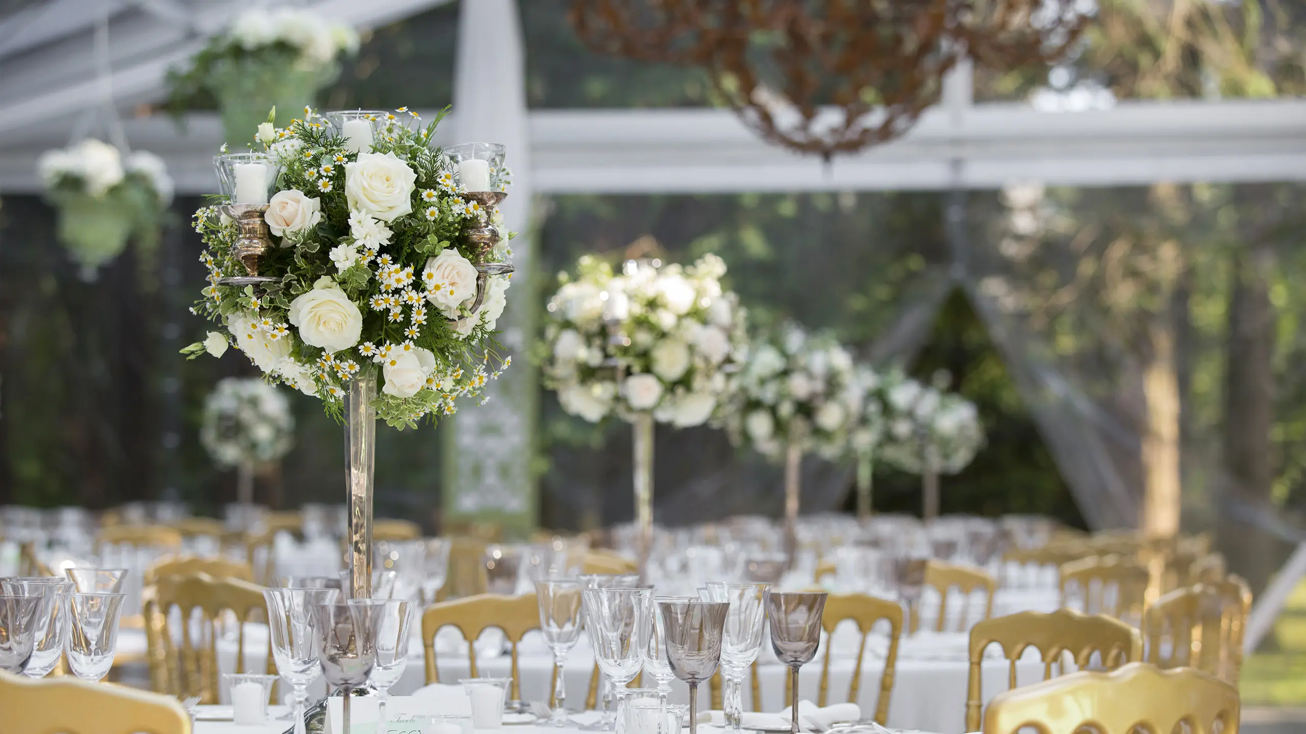 Una location per matrimoni all'aperto splendidamente allestita con tavoli adornati da alti centrotavola floreali di rose bianche e verde. Sedie dorate circondano i tavoli, che sono elegantemente sistemati sotto una tenda trasparente con verde sfocato sullo sfondo.