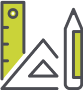 Illustrazione di un righello giallo e grigio, un goniometro triangolare e una matita. Il righello è verticale con linee di misurazione, il goniometro è sotto e la matita è in posizione verticale sulla destra.