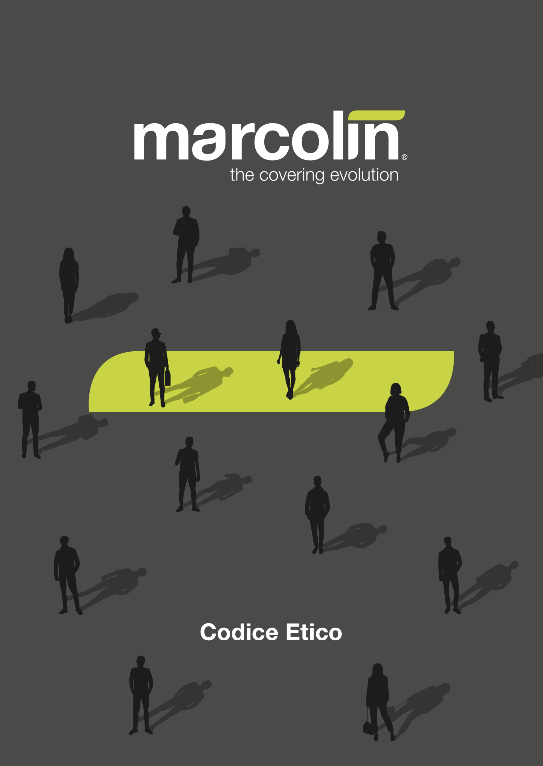 Il logo Marcolin "The Covering Evolution" su sfondo scuro con sagome di persone e ombre, una delle quali cammina su un sentiero giallo. Il testo in basso recita "Codice Etico".