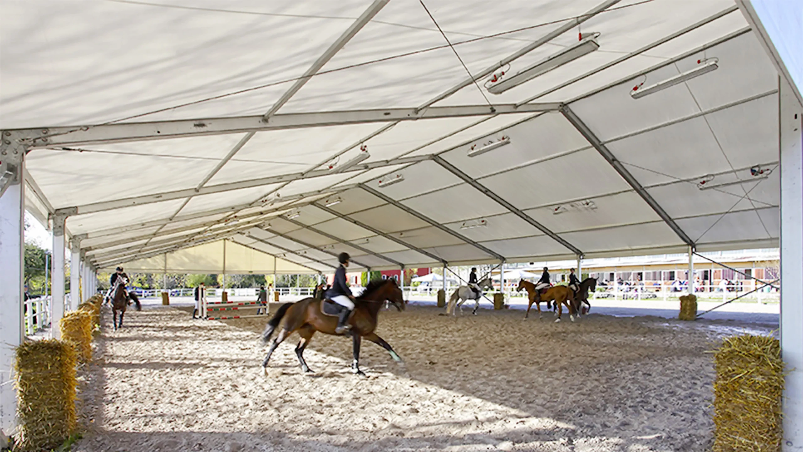 Maneggio coperto con tetto in tela. Diversi cavalieri a cavallo si allenano sotto la copertura, circondati da balle di fieno e dalla luce naturale. L'ambiente è ideale per una lezione di equitazione o una sessione di pratica informale.