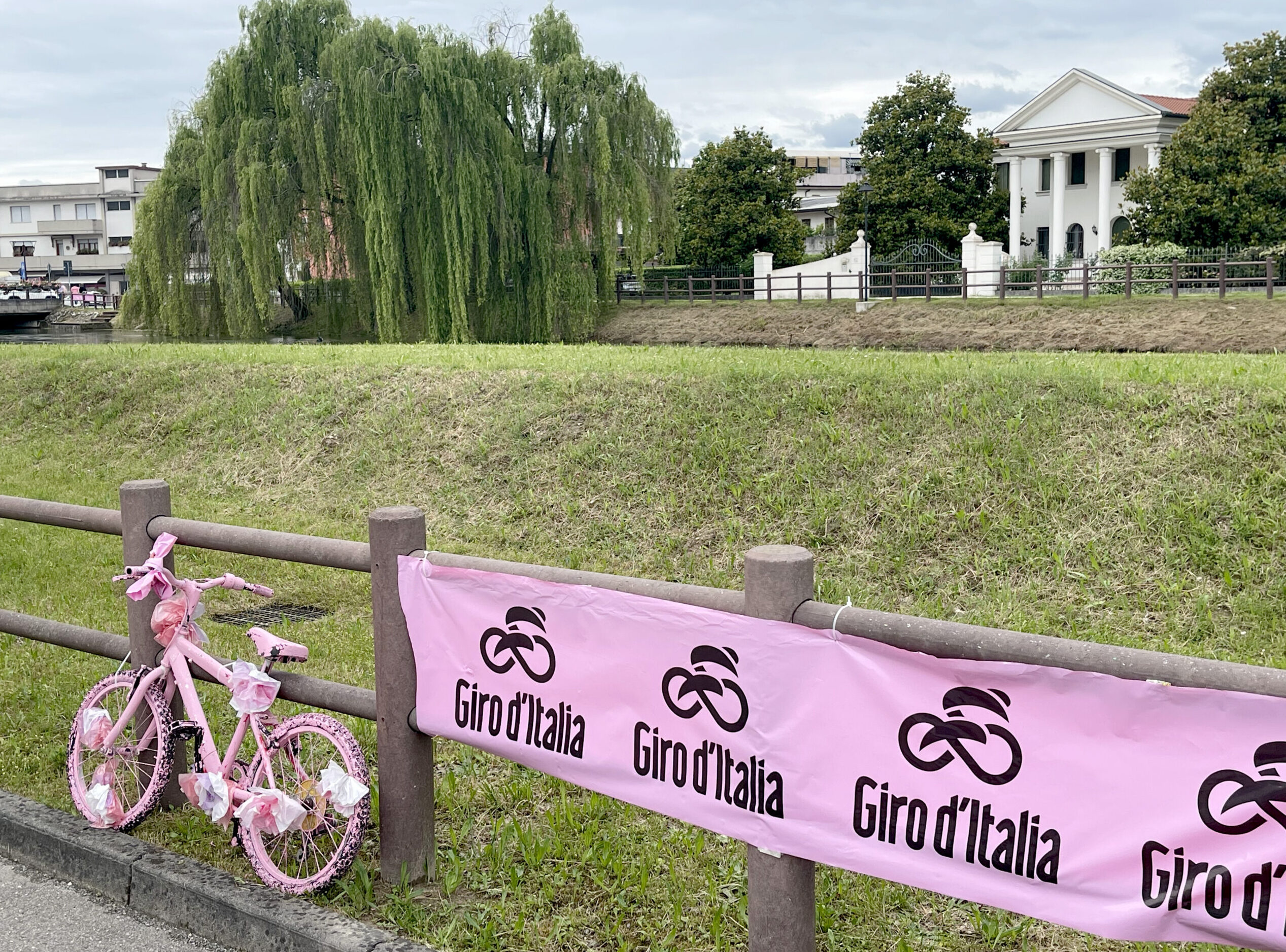 Una bicicletta rosa decorata con nastri è parcheggiata vicino a una recinzione ornata da uno striscione rosa con la scritta "Giro d'Italia", accanto a un terrapieno erboso con un salice piangente e degli edifici sullo sfondo.